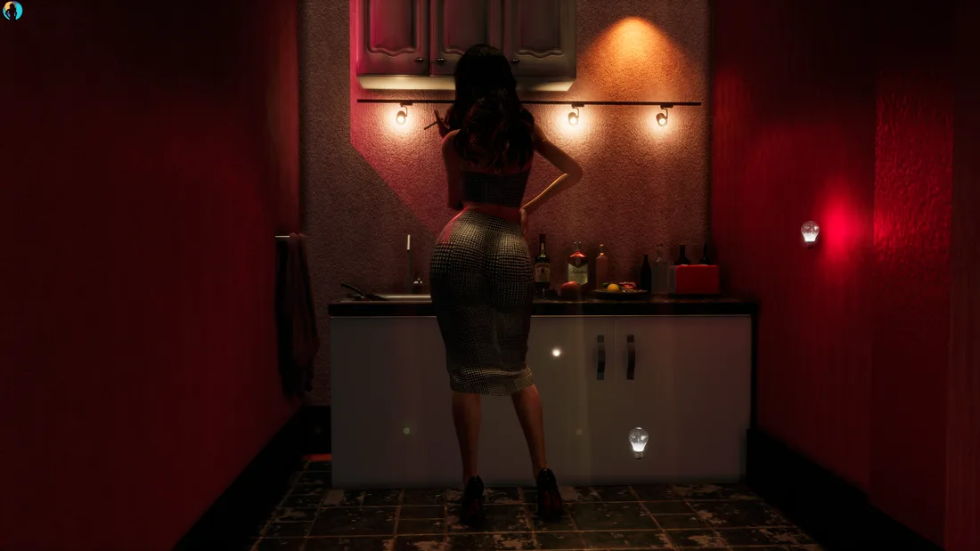 An avatar wearing a patterned outfit in a furnished kitchen with warm lighting